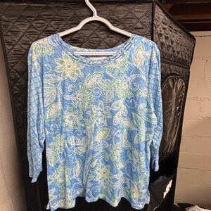 Alfred Dunner Blue and Green Floral Long Sleeve Top